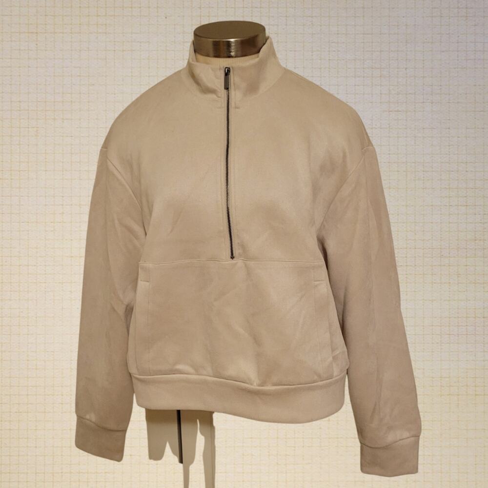 Tahari Silky Soft Cream Fitted Crop Quarter Zip Pullover Women's M